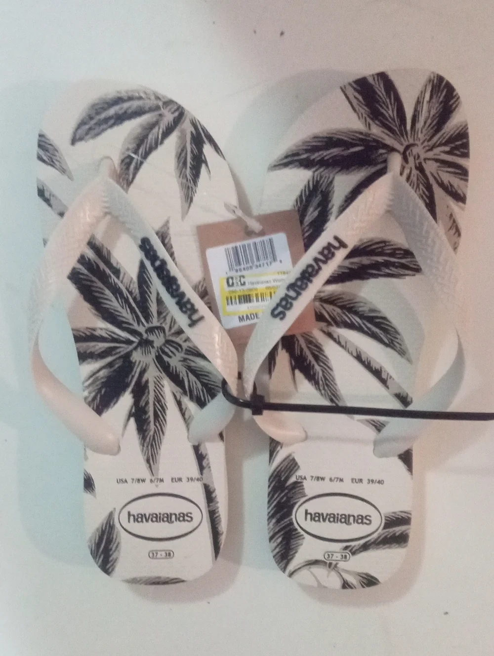 Havaianas White Flip Flops with Black Palm Print Unisex W 7/8 Men 6/7 NWT $34